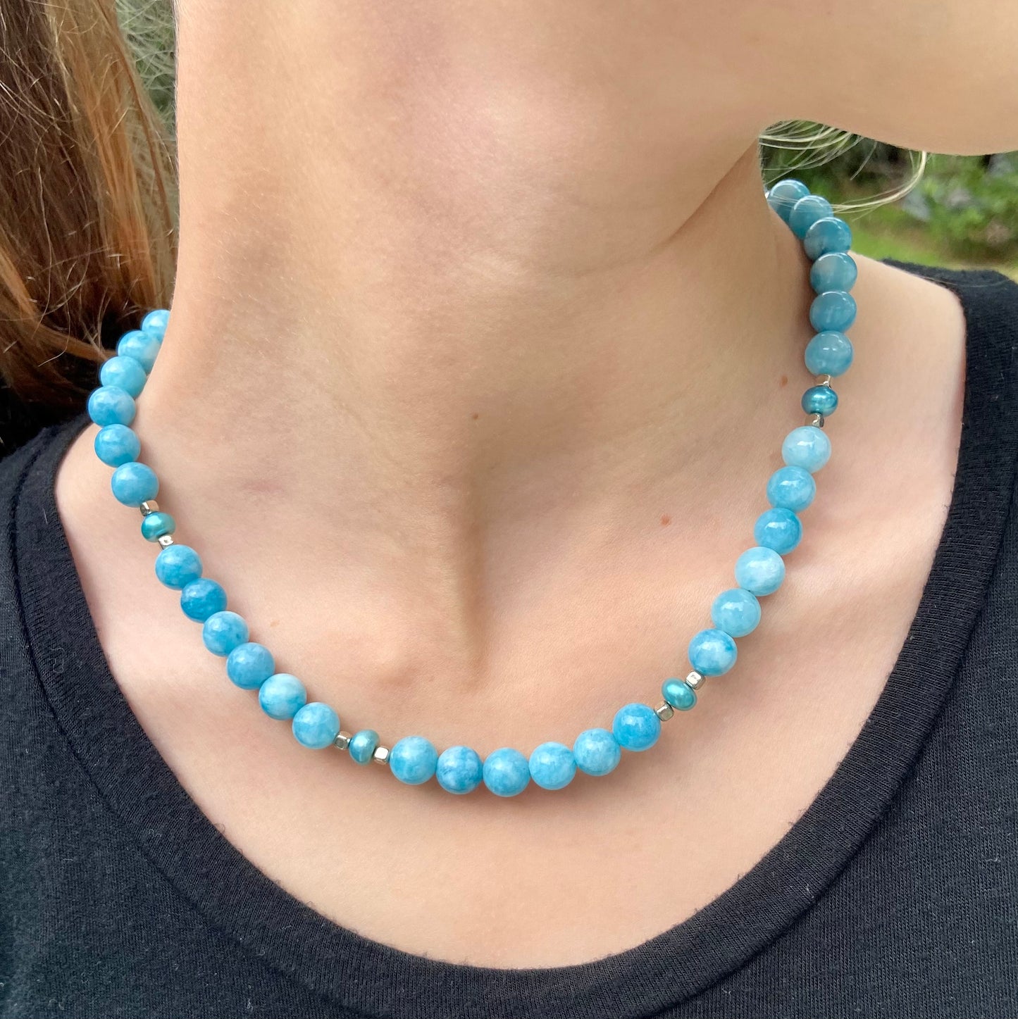 Blue Agate and Freshwater Pearl Necklace